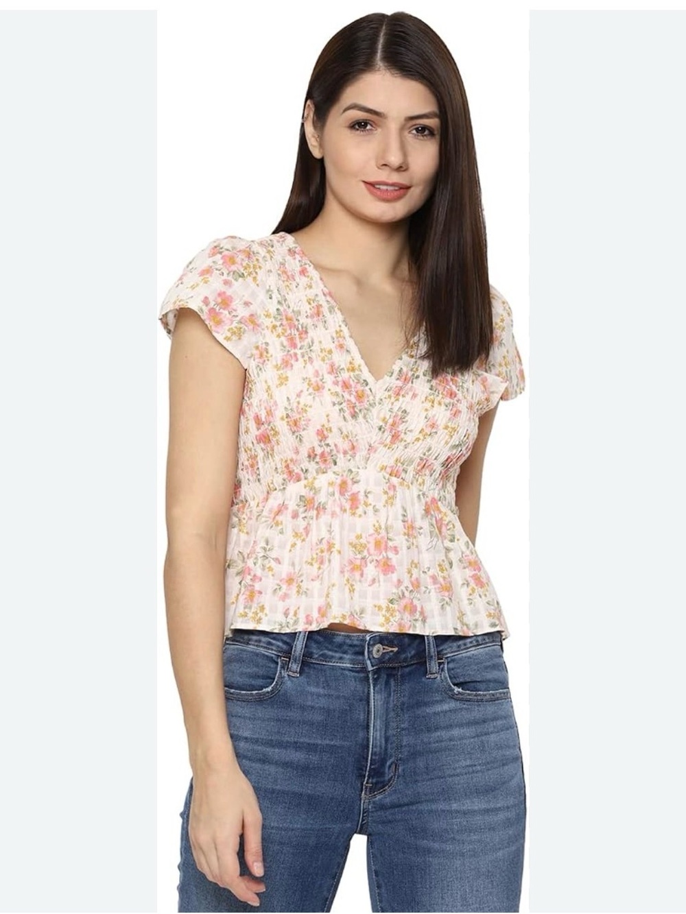 American Eagle Floral Pink Ruffle V-Neck Peplum Top